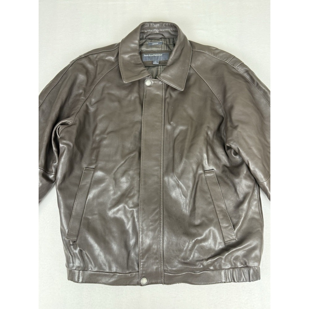 Perry Ellis Portfolio Bomber Jacket Mens L Lambskin‎ Brown Genuine Leather